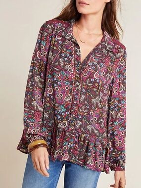 Anthropologie Maeve Janie Boho Flounced Peasant Blouse Floral Paisley